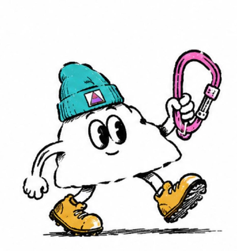 Rocky mountain character holding a pink carabiner