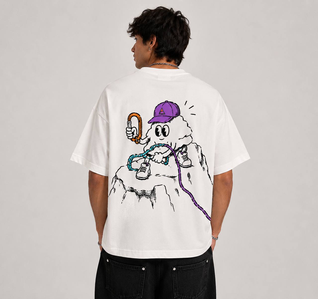 Rocky climbing graphic on back of white T-shirt