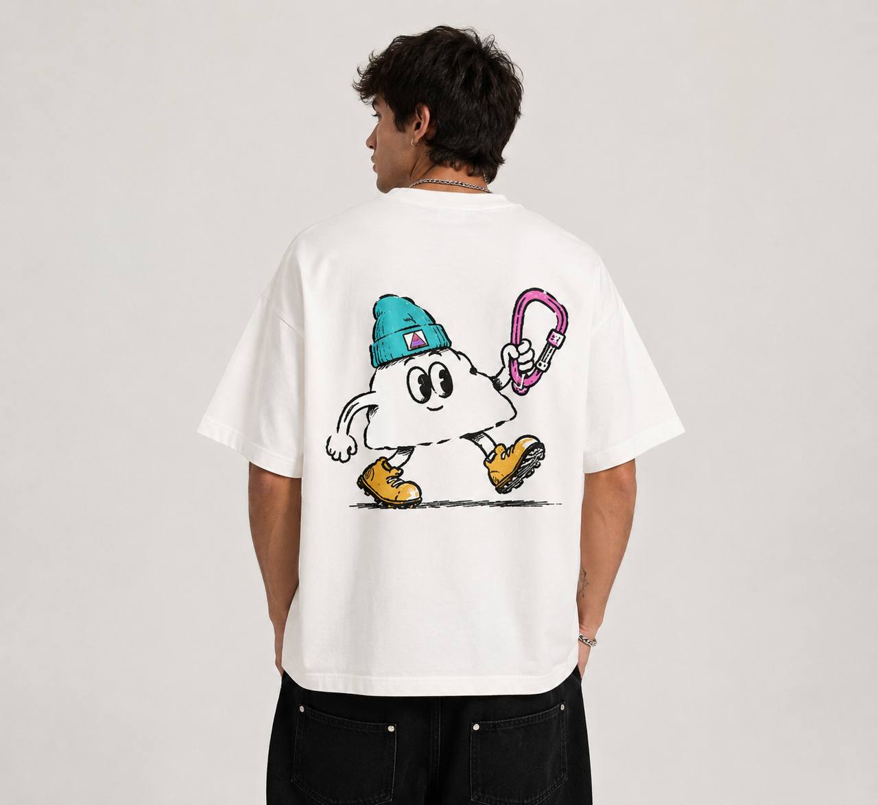 Rocky walking graphic on back of white T-shirt